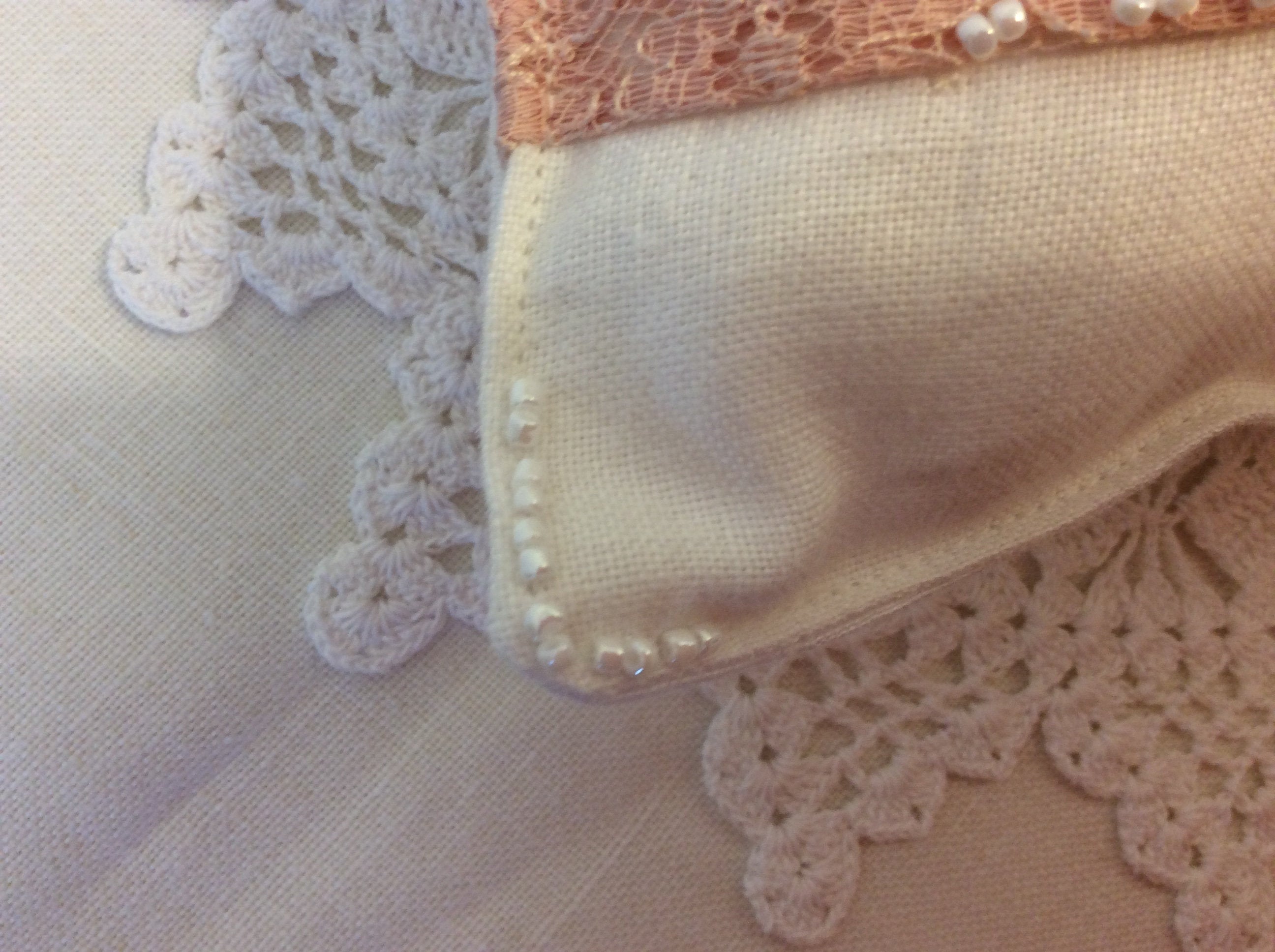 Wedding Pillow - peach lace and ribbons